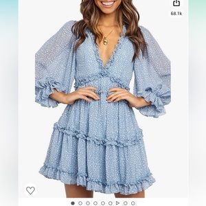 Womens 2023 Spring Summer Deep V Neck Ruffle Long Sleeve Floral Print Mini Dress